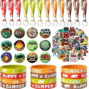 84Pcs Camping Birthday Party Favors Party Supplies Stickers, Keychains, And Pins